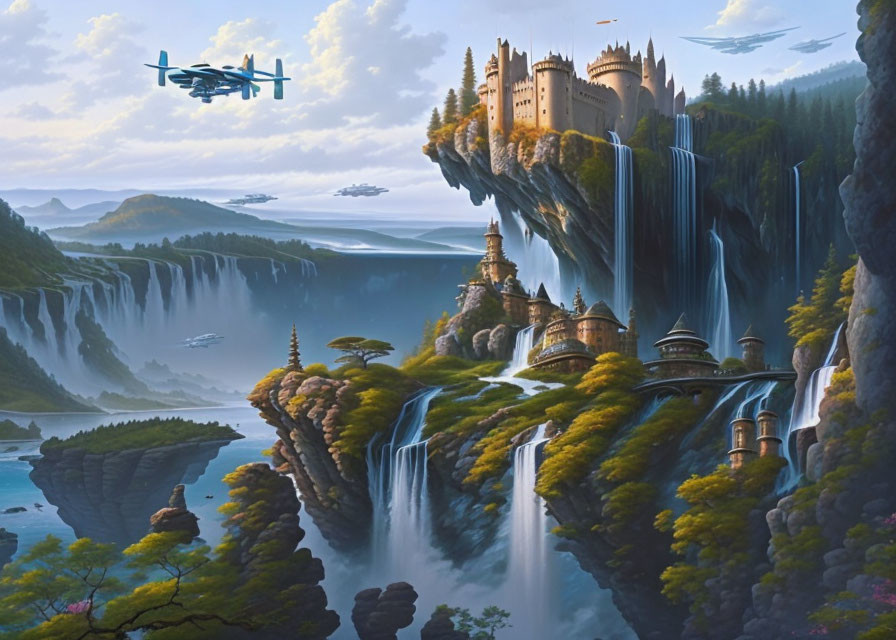 Majestic castle on waterfalls in fantasy landscape with floating islands