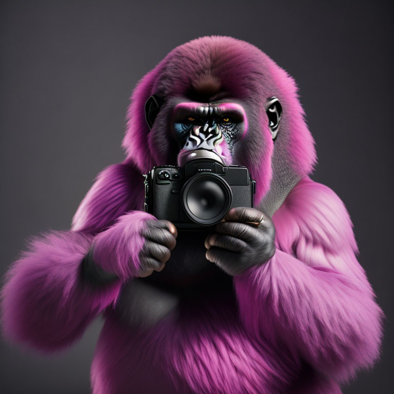 Purple-furred mandrill with camera against gray background