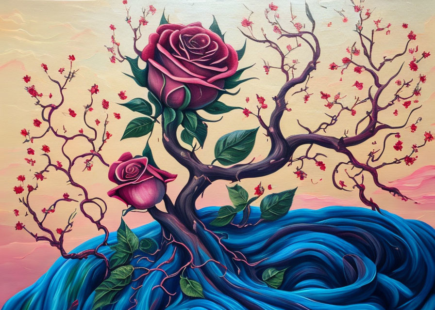 Colorful painting of tree with red rose and blue waves