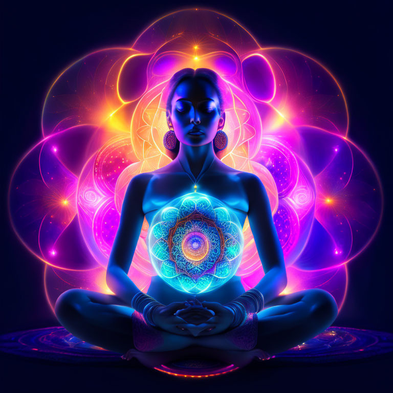 Vibrant digital artwork: Meditating woman with glowing chakras