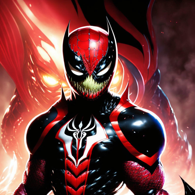 Character with Spider-Man and Venom traits in fiery setting