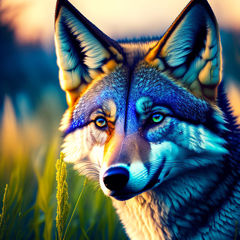 Vibrant blue and orange wolf art with intricate patterns on fur