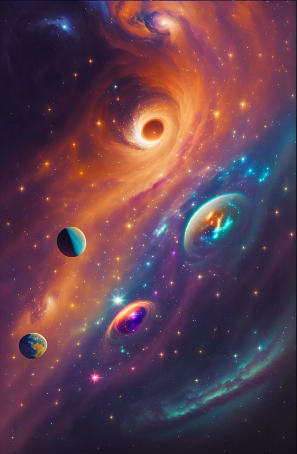 Colorful cosmic scene with black hole, stars, planets, and nebulae