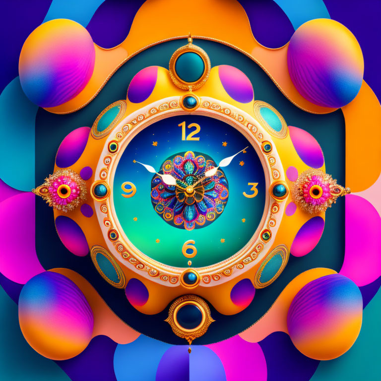 Colorful ornate clock with floral and geometric patterns amidst glossy spheres