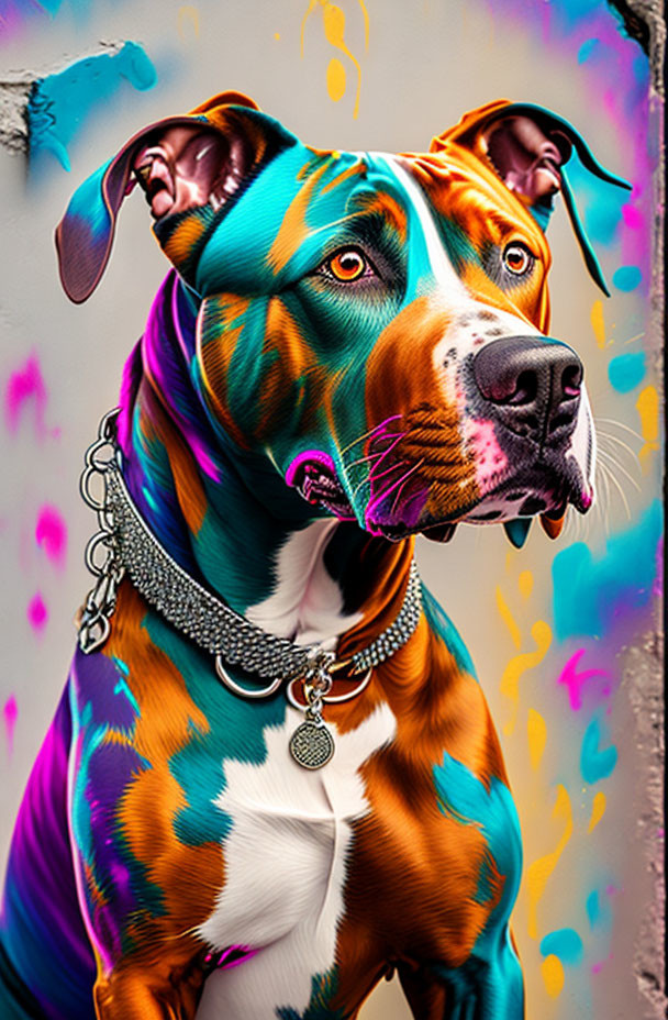 Vibrant Digital Art: Dog with Silver Chain on Graffiti Backdrop