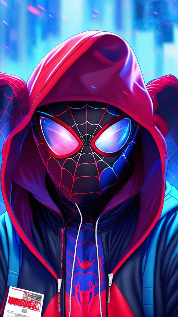 Spider-Man in red hooded jacket with glowing eyes on blue background