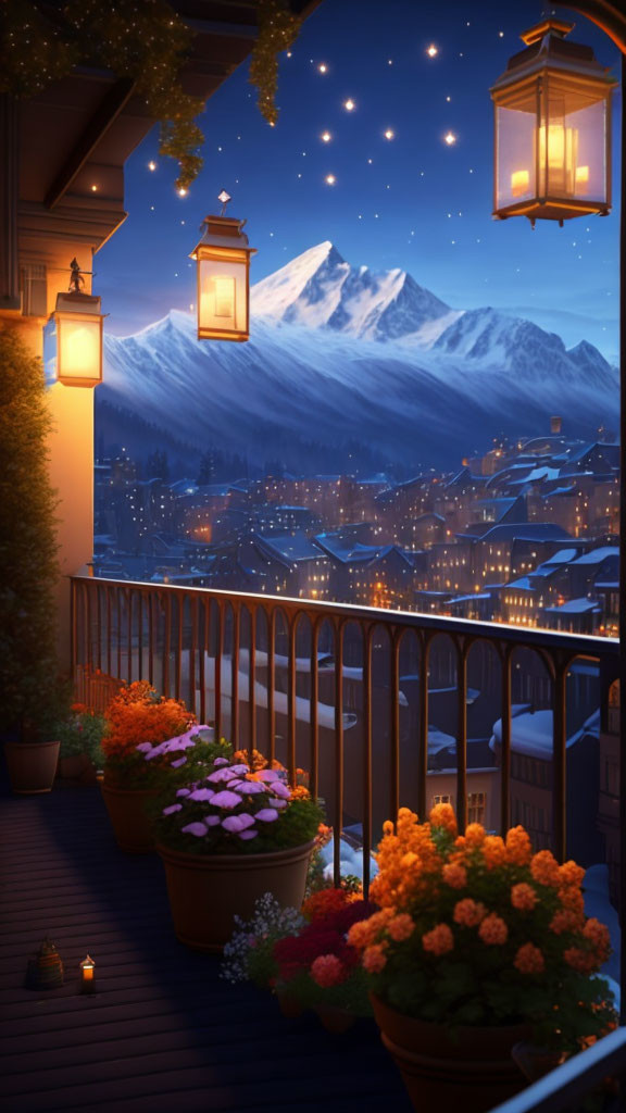 Mountain town night view: lanterns, stars, flowers