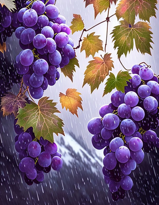 Ripe purple grapes on vines with rain falling.