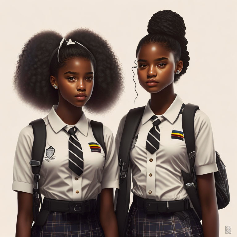 Twin girls in school uniforms with plaid skirts and ties