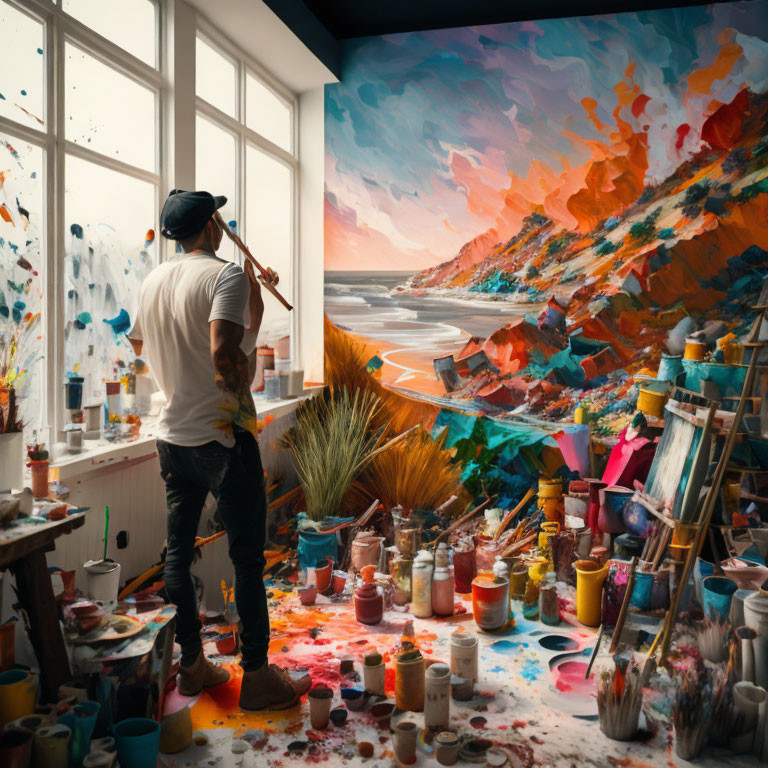 Colorful Beach Scene Painted in Vibrant Studio Setting