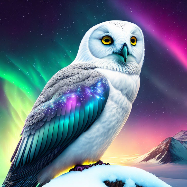 Colorful Snowy Owl Illustration in Aurora Sky & Mountains