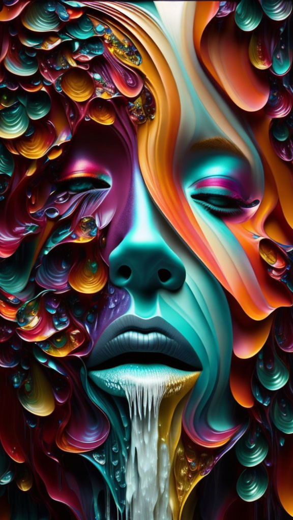 Vibrant surreal digital artwork: flowing face with liquid textures