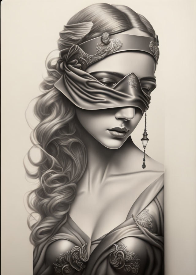 Monochrome artwork of blindfolded woman with intricate accessories and soft features