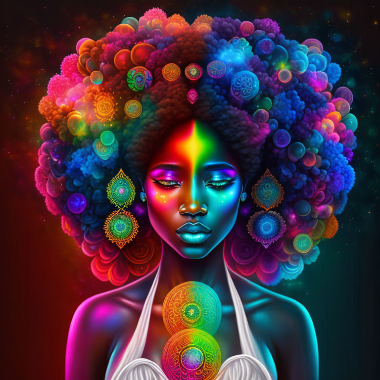 Colorful digital artwork: Woman with afro-textured hair and intricate patterns on dark background