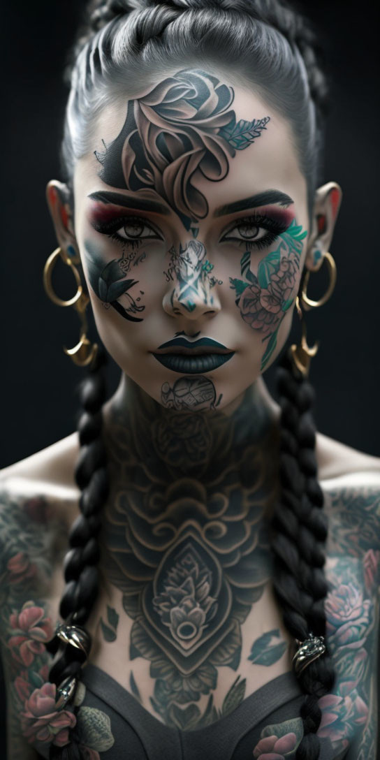 Woman with braided hair and intricate floral and mandala tattoos and hoop earrings