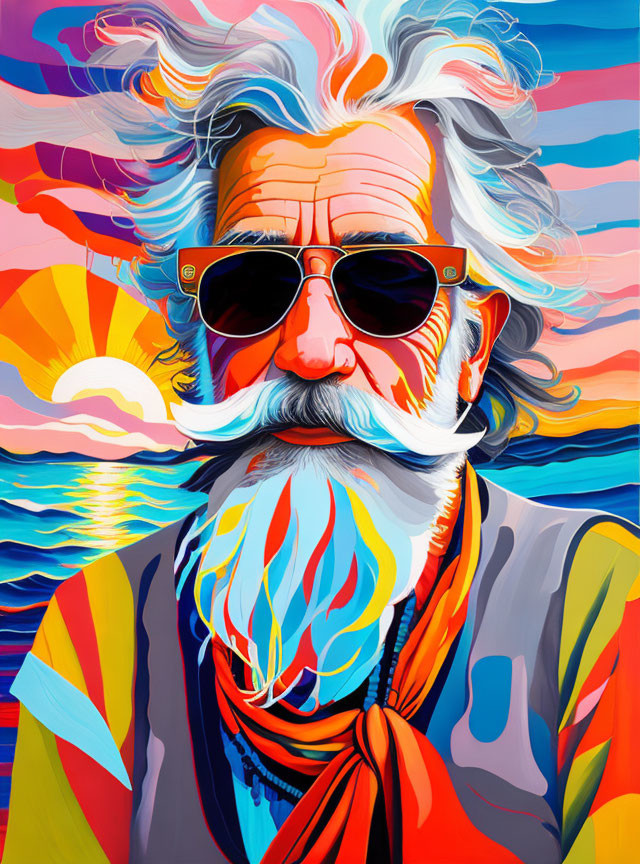 Colorful portrait of older man with white beard in sunglasses against abstract sunset backdrop