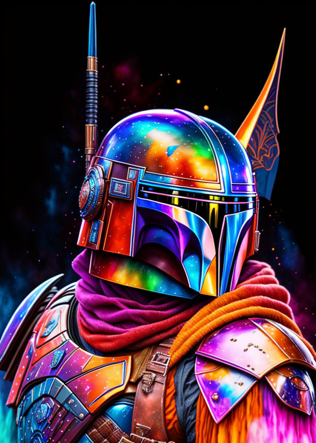 Vibrant futuristic warrior helmet art in cosmic space