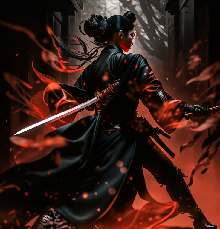 Warrior in black and red outfit with katana in mystical setting