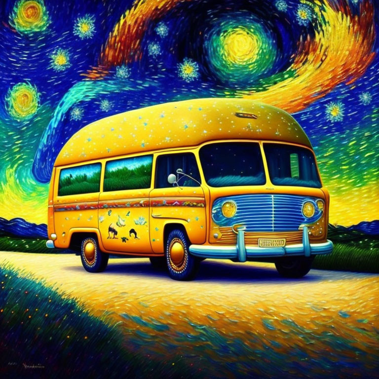 Yellow vintage bus with whimsical decor under starry Van Gogh sky