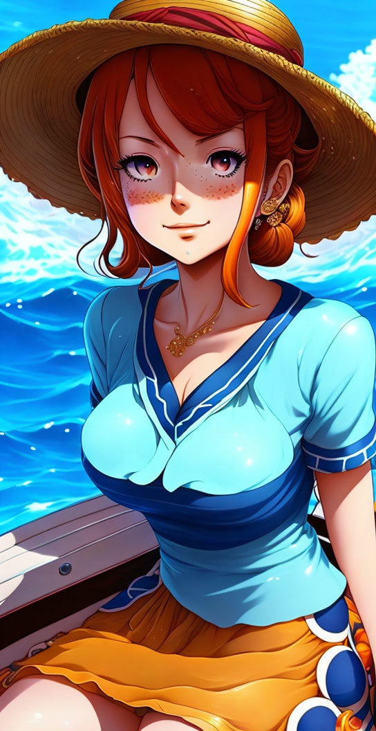 Red-haired anime character in straw hat by ocean