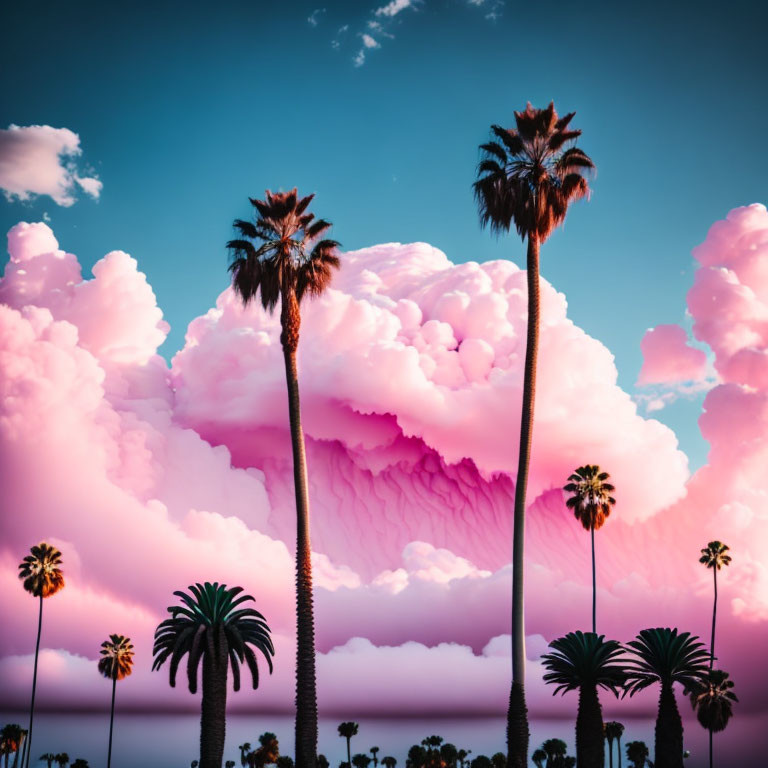 Tropical sunset ambiance with tall palm trees against vivid sky