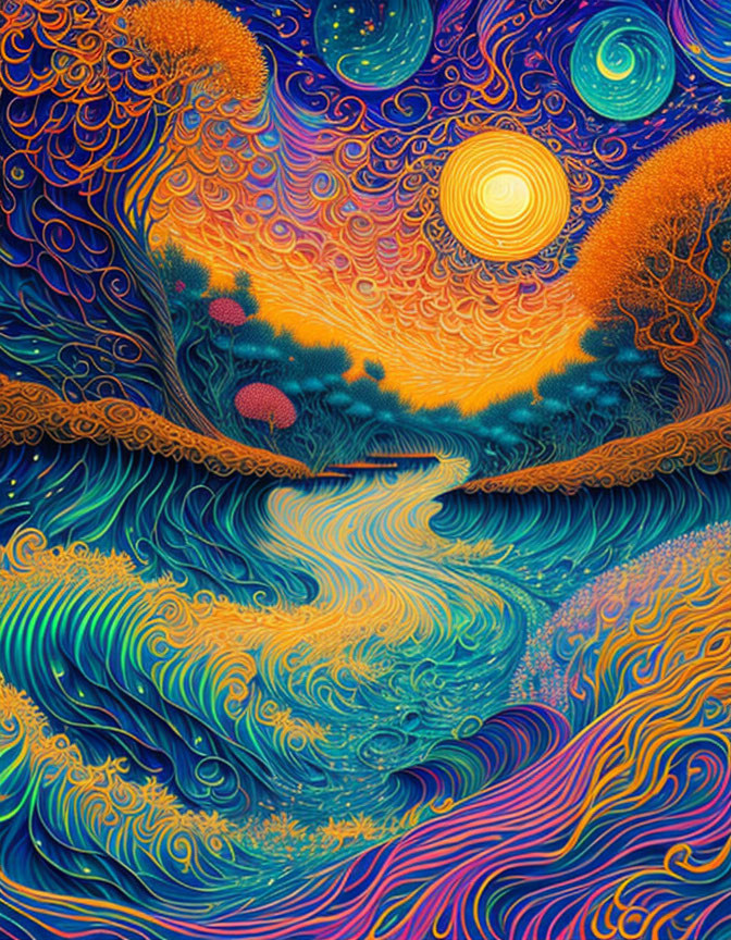 Colorful psychedelic illustration: swirling blue and orange patterns with celestial bodies