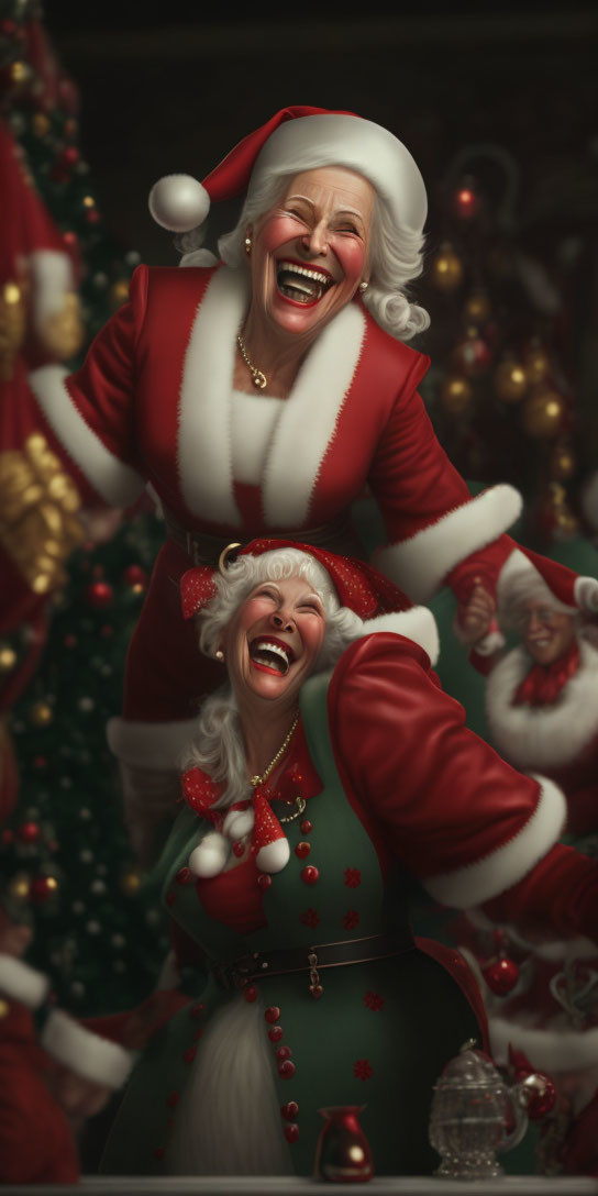 Festive Mrs. Claus laughs with Christmas decorations