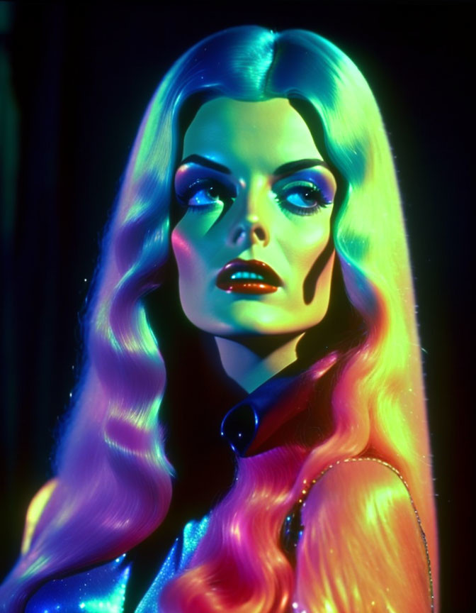 Colorful portrait of a woman with neon-lit skin and vibrant makeup