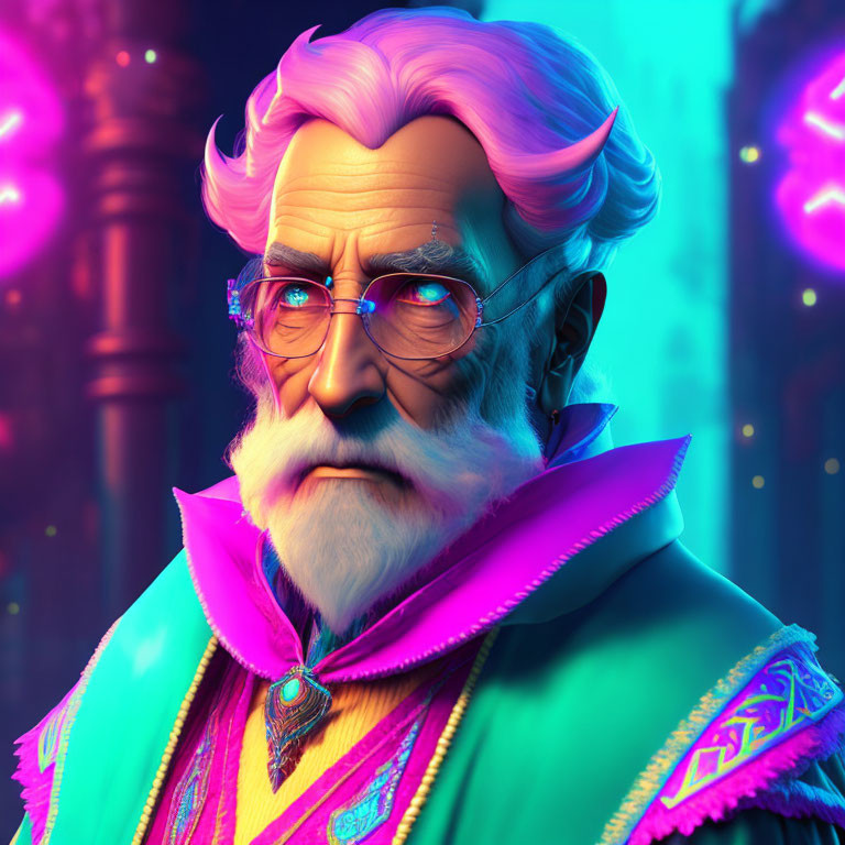 Elderly man with pink hair, beard, glasses, teal collar, and necklace on neon-l