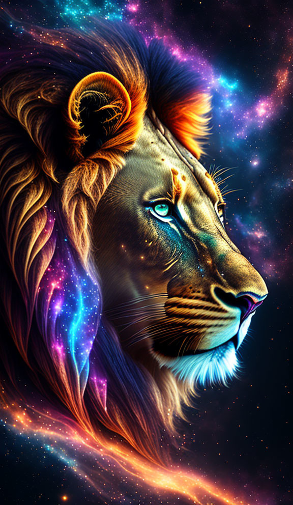 Colorful Lion Profile Artwork with Cosmic Background in Blue and Purple