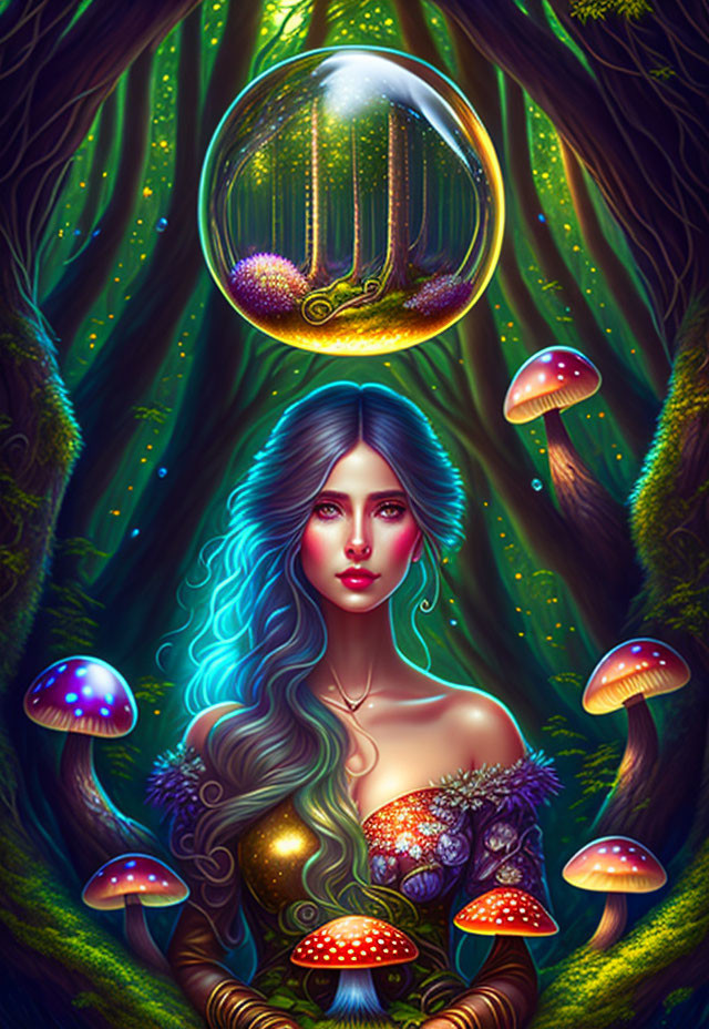 Colorful-haired woman with glowing mushrooms and levitating crystal ball in enchanted forest.