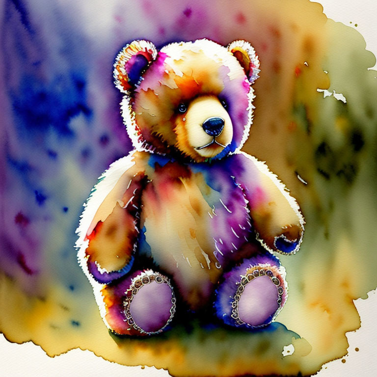 Vibrant watercolor teddy bear illustration on dreamy background