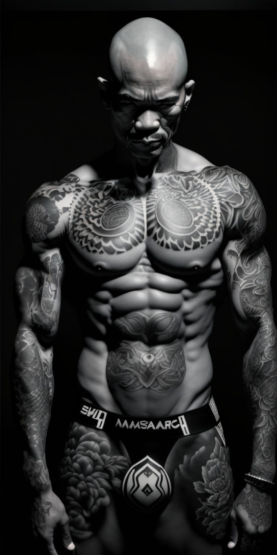 Muscular bald man with tattoos in branded boxer briefs on dark background