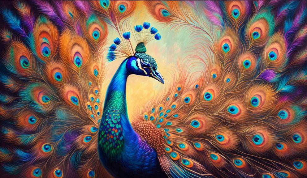 Colorful Peacock Digital Artwork with Swirling Background