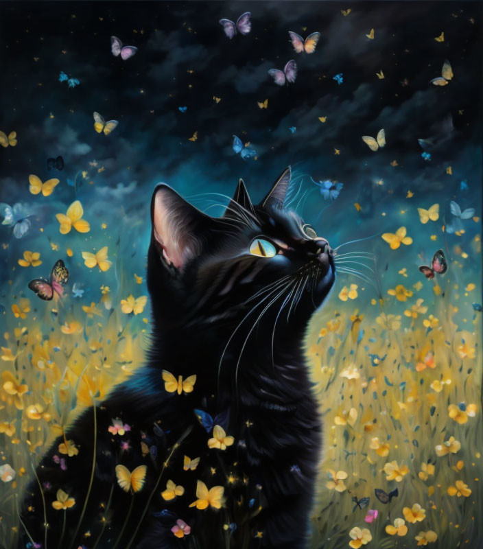 Black Cat Surrounded by Butterflies in Vibrant Field