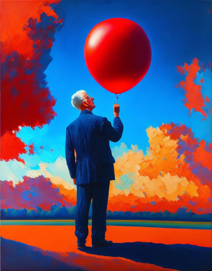 Elderly man with red balloon against blue sky and autumn trees