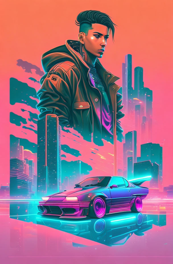 Man with modern haircut by futuristic car in neon-lit cityscape