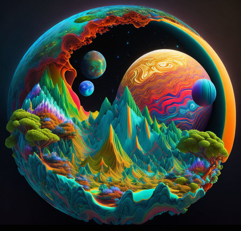 Colorful surreal landscape in spherical form with mountains, trees, and outer space.