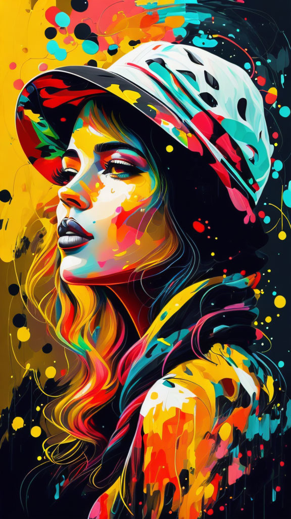 Vibrant portrait of a woman in stylish hat with bold paint splashes