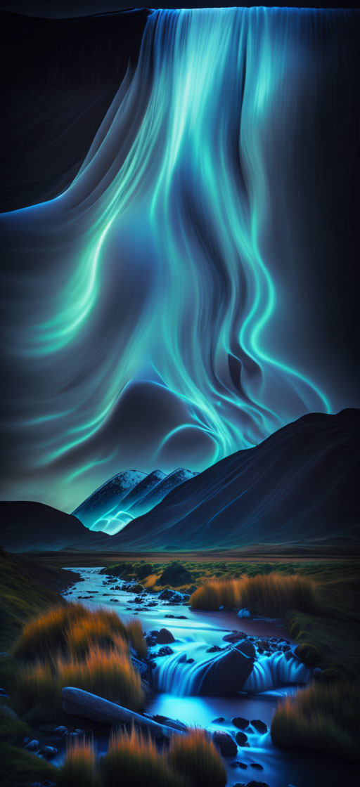 Surreal neon blue waterfall over dark hills at night