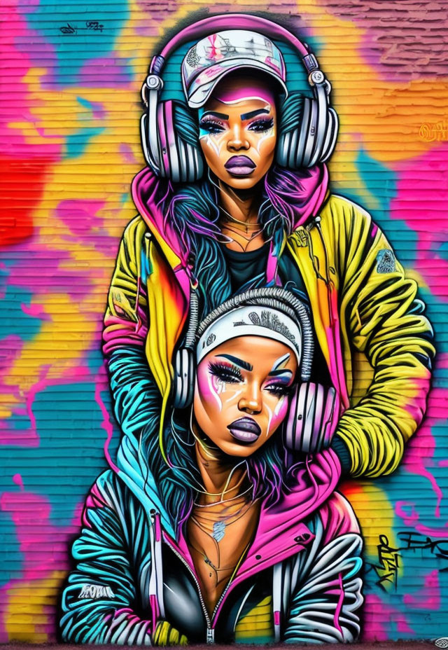 Colorful Street Art of Two Women Wearing Headphones