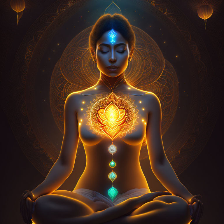 Digital artwork: Woman meditating with aligned chakras and glowing heart on mystical background