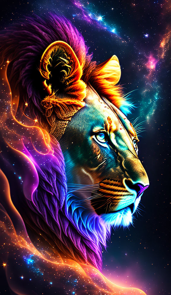 Colorful lion digital art with cosmic mane on space backdrop