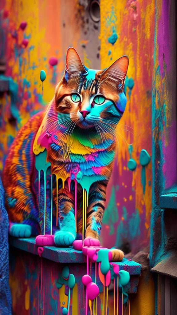 Colorful Cat Painting on Dripping Fence Against Multicolored Backdrop