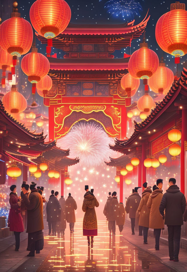 Chinese festival street scene with lanterns, fireworks, and traditional architecture