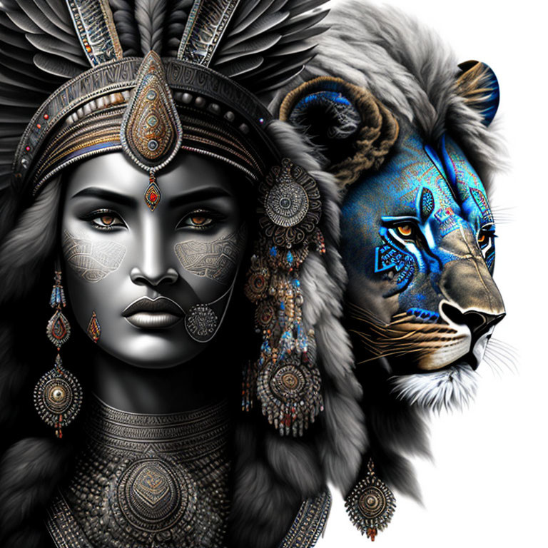 Digital Artwork: Woman with Tribal Makeup and Lion Face in Blue Patterns