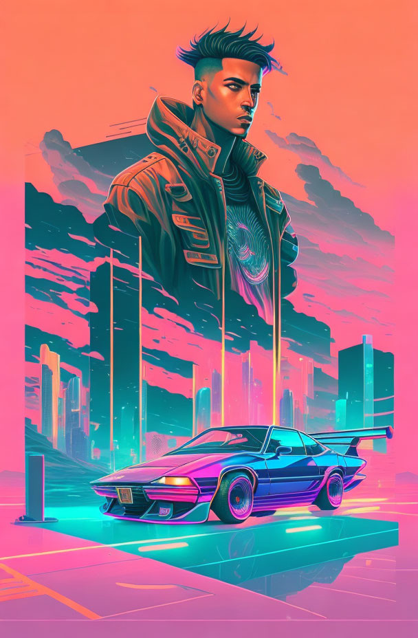 Stylized image of man with modern haircut and retro-futuristic car in neon-lit city