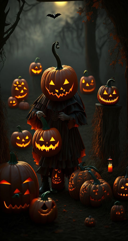 Glowing jack-o'-lantern head in dark forest with carved pumpkins