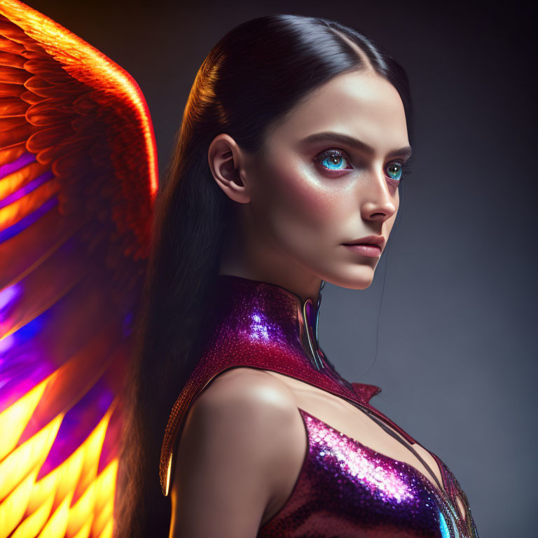 Vibrant digital artwork featuring a woman in reflective makeup and sequined attire with fiery orange wing