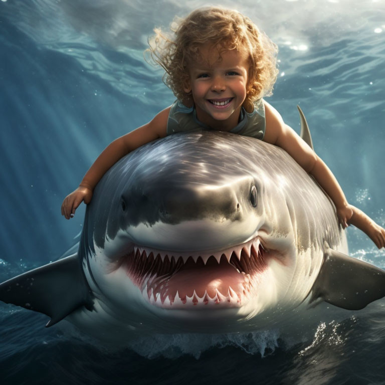 Curly-Haired Child Riding Great White Shark in Ocean